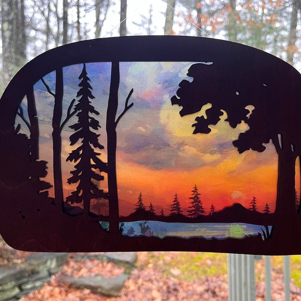 Forest lake woods suncatcher for window, Waldorf silhouette window art! Birthday gift for wife, mom, sister, daughter! Lake cabin gift!