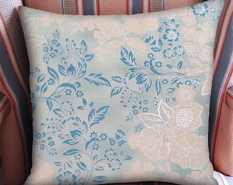 Blue Floral Throw Pillow Cover, Light blue, ivory, and silver embossed fabric, cotton decorator fabric, Blue pillow cover, Handmade in USA