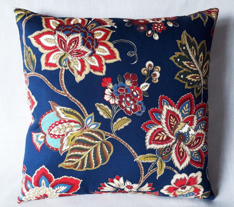 Throw Pillow Cover Navy Blue JACOBEAN 18inch Handmade USA Etsy