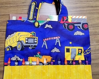 Coloring Bag, 100% Cotton, includes Coloring Book and crayons, Trucks, Kids' Travel Tote, Activity Bag, Handmade New England, Ships from USA