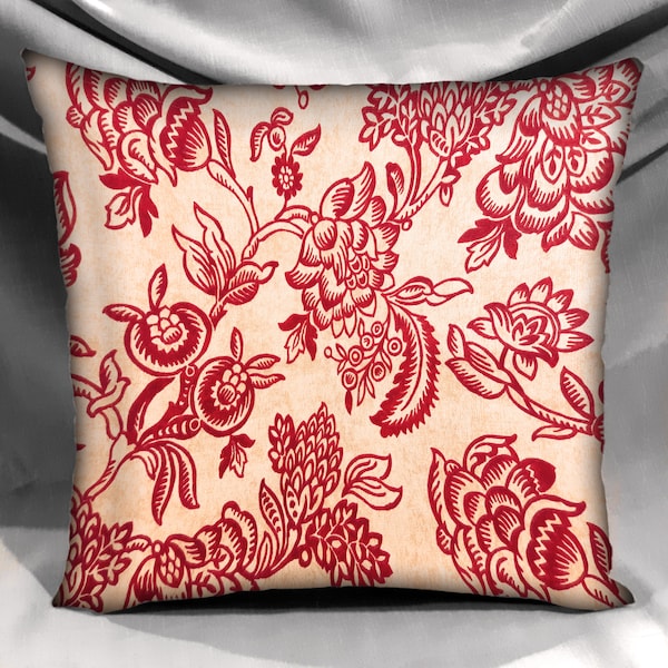 Jacobean Pillow Covers, Gray Blue Red, Decorator Fabric, Burgundy Floral, Pink Gray Floral, Red Cream Floral, Vintage Lumbar, USA