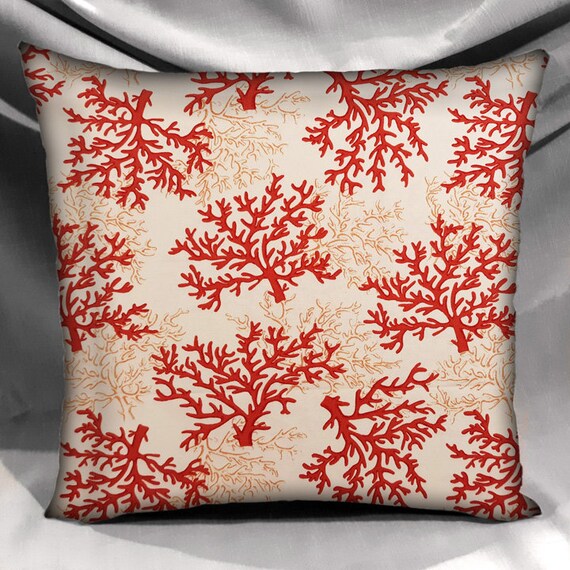 Coastal Print Pillow Cover Red Orange Sea Coral on Beige 100 Cotton Fabric Red Orange Tan 18x18 Cover Hand Sewn Pillow Cover USA Etsy