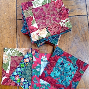 Holiday coasters, Elegant Christmas Prints Fabric, 4 Assortd Drink Coasters, 100% cotton quilt squares, Handmade New England, Ships from USA