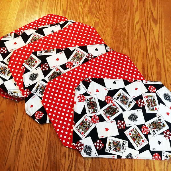 Red and Black Placemats, Set of 2,4,6 Reversible, Playing Cards Print, Cute Reusable Table Mats, Cotton Placemats, 17x12.5", Handsewn in USA