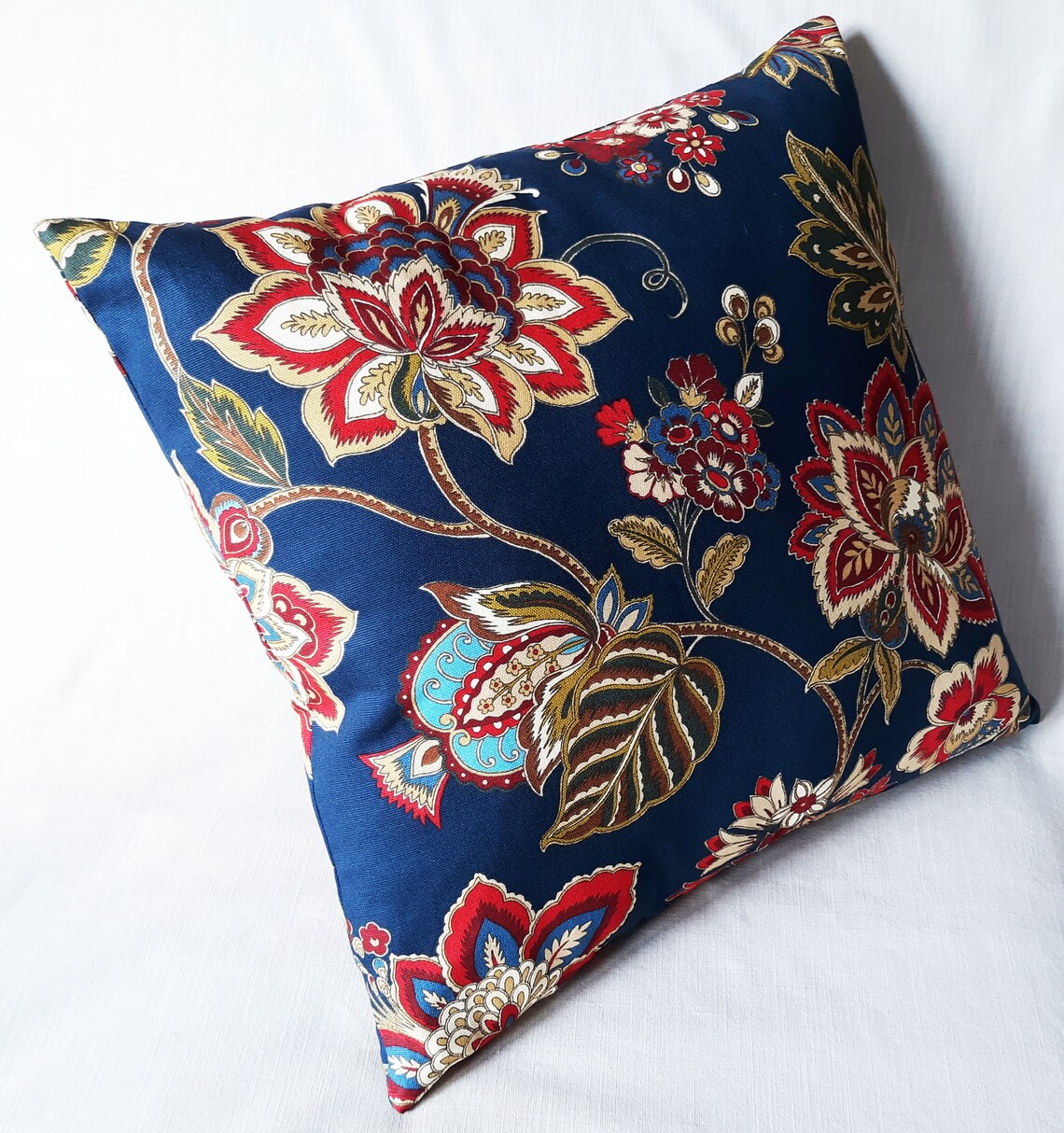 Blue Jacobean Pillow Cover Red Floral Gold Green Ornate Etsy