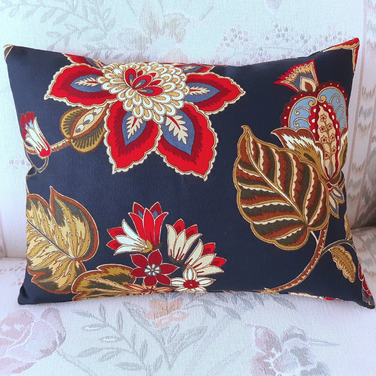 Blue Jacobean Pillow Cover Red Floral Gold Green Ornate Etsy