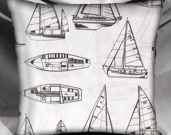 Nautical Outdoor Summer Pillow Cover, Porch Decor, Waterproof, Black White Sailboat Fabric, Boating Decor, 18" Handmade Pillow USA