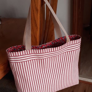 Red Pillow Ticking Tote, Striped Canvas Fabric, Hand Sewn Medium Tote, Knitting Yarn Bag, Handmade Beach Bag, Cruise Bag, Shopping Bag