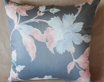 Blue and Gray Jacobean Pillow Cover, Pink Blue Gray Floral Cotton, 18x18, 20x20, Throw Pillow, Handmade, USA