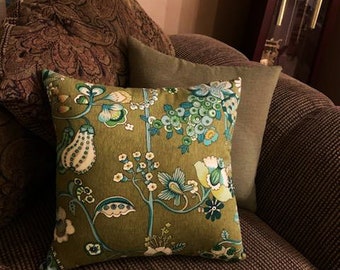 Green Art Deco Pillow Cover, Ornate Floral Print, Olive Green Turquoise White Print, Cotton Fabric, 18x18 Hand Sewn Pillow, Handmade in USA