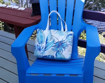 Blue Beach Tote, Tropical Print Waterproof Outdoor Fabric, Hand Sewn Medium Tote, Knitting Yarn Bag, Handbag, Blue Cruise Bag, Beach Bag