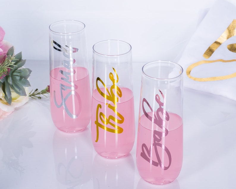 stemless wine glass bachelorette party gold personalized champagne flute **PLASTIC** Bridesmaid gift custom proposal champagne flute