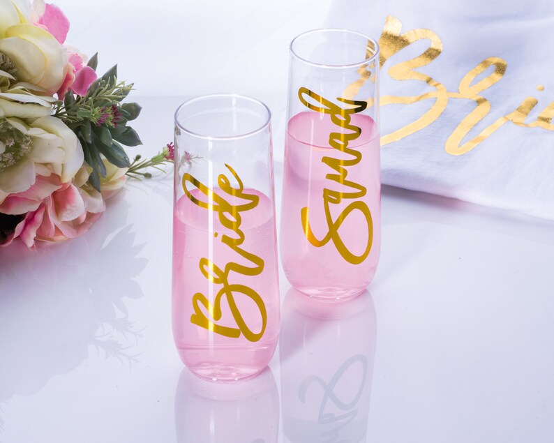 stemless wine glass bachelorette party gold personalized champagne flute **PLASTIC** Bridesmaid gift custom proposal champagne flute