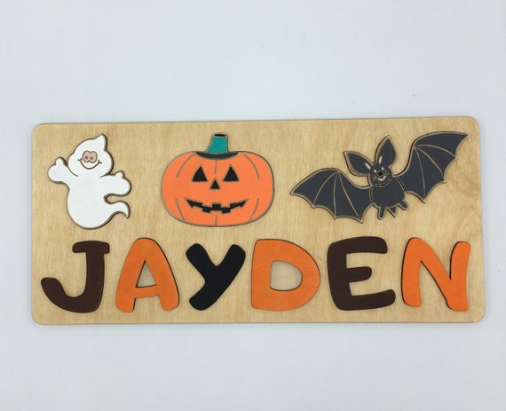 Halloween Pumpkin Bat Ghost Wood Name Puzzle Personalized Etsy