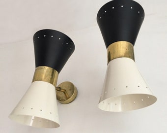 Pair of "diabolo" wall lights of 1950 design (to European / UK / North American electrical standards)