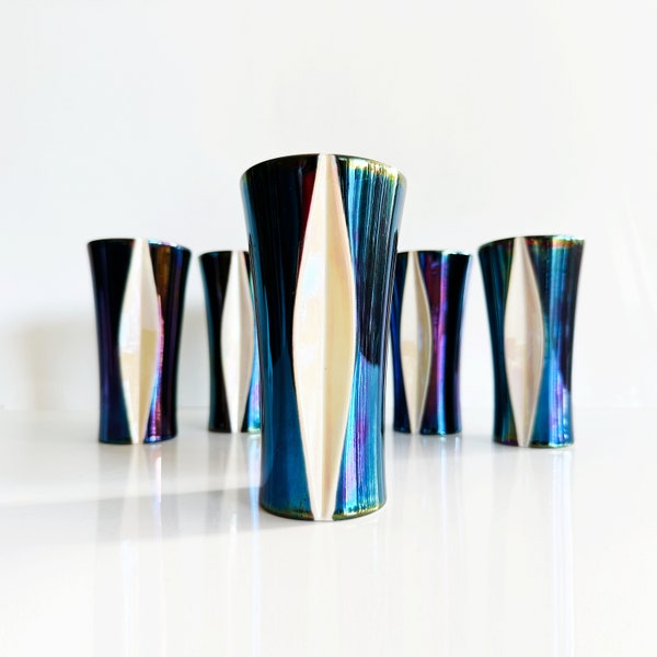 Set of six mazagrans mugs in two-tone ceramic, metallic varnish. France, 1970s