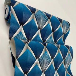 Dunkelblaues und silbernes Dreieck, metallisch strukturierte traditionelle Tapete, 3D Geometrische Linien Tapete, Art-Deco-Wandverkleidung, Vintage Tapete