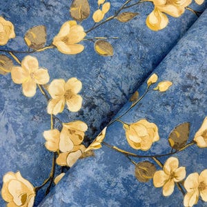 Blau-Gold-Blumen-Tapete, Sakura-Blumen-Tapete, Tapete mit Goldblättern, Vlies texturierte Tapete, Japanisches Wandbild, Vlies