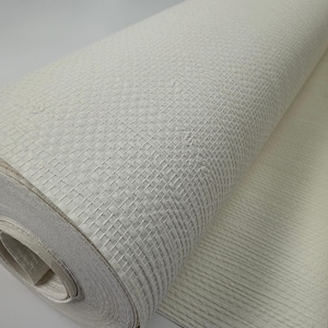 May include: A roll of white textured wallpaper with a subtle grid pattern. The wallpaper is rolled up and the end of the roll is unfurled, showing the texture and pattern.