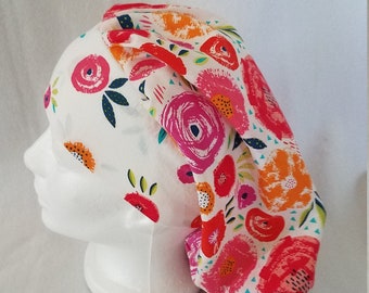 Female floral bouffant scrub hat