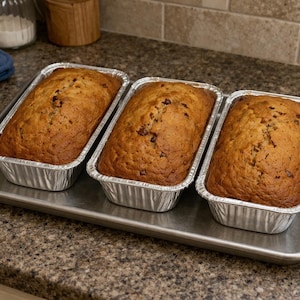 May include: Three freshly baked loaves of banana bread in disposable aluminum foil pans, arranged on a metal baking sheet. The bread has a golden-brown crust with visible chocolate chips. The scene is set on a speckled countertop.