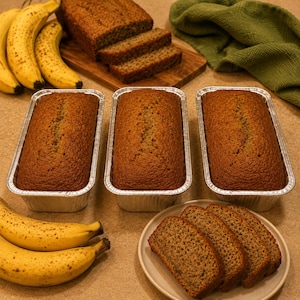May include: Three golden-brown banana bread loaves baked in rectangular aluminum foil pans, accompanied by several fresh yellow bananas with brown spots, a wooden cutting board with sliced bread, and a plate of sliced banana bread.