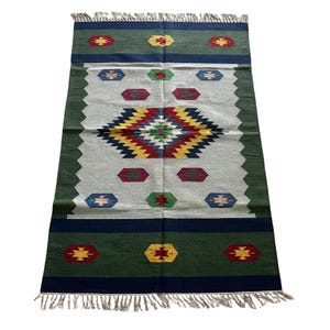 Alfombra Dhurrie de algodón hecha a mano de 1,2 x 1,8 m: tejido plano tribal indio