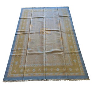 Alfombra Panja Dhurrie azul / Alfombra india vintage de los años 90 / Alfombra de tejido plano de algodón / Alfombra hecha a mano / 1,8 x 2,7 m /
