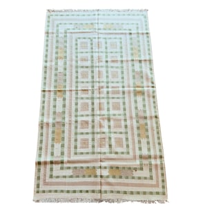 Alfombra geométrica Panja Dhurrie / Alfombra india vintage de los años 90 / Alfombra de tejido plano de algodón / Alfombra hecha a mano / 4 x 6 pies / Verde /