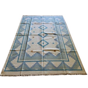 Alfombra Panja Dhurrie azul / Alfombra india vintage de los años 90 / Alfombra de tejido plano de algodón / Alfombra hecha a mano / 1,8 x 2,7 m /
