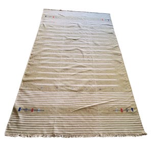 Alfombra Panja Dhurrie a rayas multicolor / Alfombra india vintage de los años 90 / Alfombra de tejido plano de algodón / Alfombra hecha a mano / 1,8 x 2,7 m /