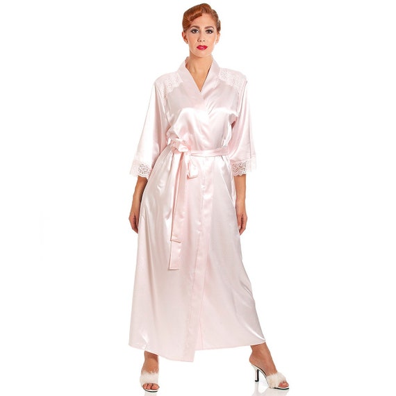 Jane Lace Trim Long Satin Robe Cadillac Pink | Etsy