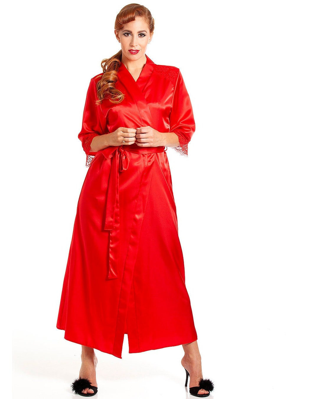 Jane Lace Trim Long Satin Robe Candy Apple Red - Etsy