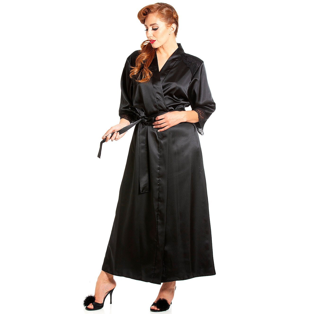 Jane Lace Trim Long Satin Robe Dark Star Black JALTR DSB Etsy