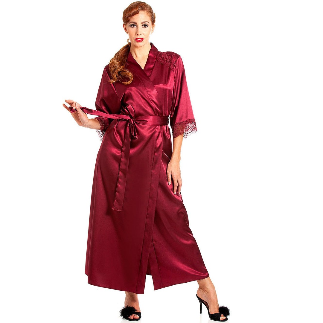 Jane Lace Trim Long Satin Robe Vintage Burgundy - Etsy