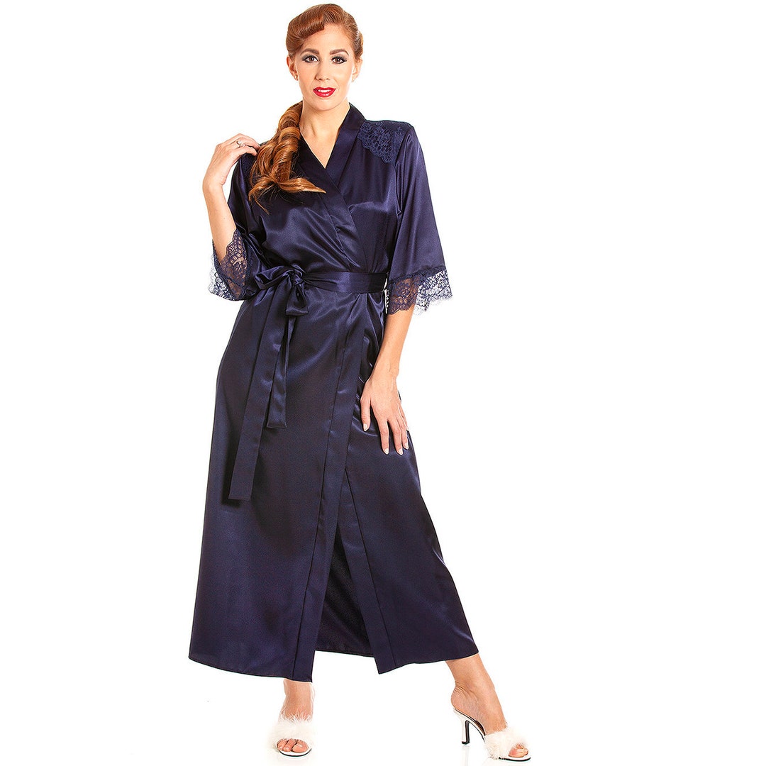 Jane Lace Trim Long Satin Robe Night Mist Blue - Etsy