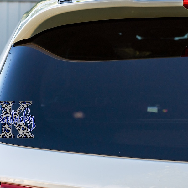 Full Color Waterproof Printed Vinyl Car Decal Sticker Kentucky K Blue Leopard Print State School Pride Wildcats