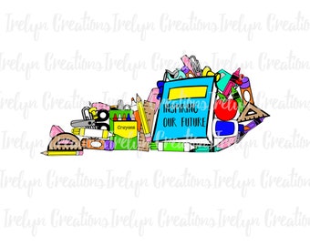 Cute Fun Kentucky State Shape Teacher with school supplies PNG instant download Sublimation Shirt Design clipart Graphic 1st day of school