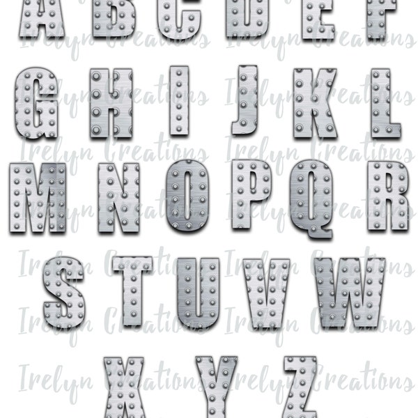 Bold Manly Guy Metal Steal Rivet Alphabet, Font, Letters PNG instant download, Sublimation Print, Design Elements, Clipart, Graphic