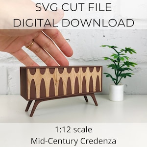 SVG-Datei für eine Puppenhaus-Miniatur im Maßstab 1:12, Mid-Century Puppenhaus-Miniatur-Credenza, Miniatur im Maßstab 1:12, SVG-Schnitt für Cricut Maker