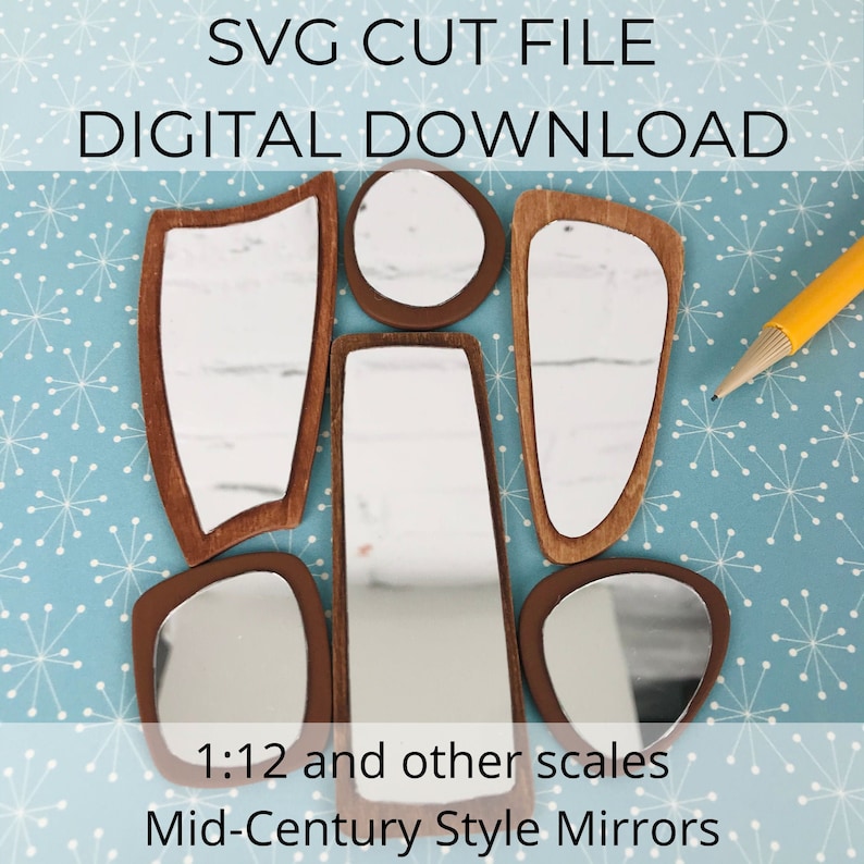 SVG file for 1:12 or other scale Mid-Century Modern Mirror set for dollhouse miniature, 1/12 SVG cut for Cricut Maker or laser cutter image 1