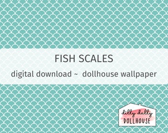 Dollhouse wallpaper PDF download printable, modern turquoise blue fish mermaid scales miniature wallpaper