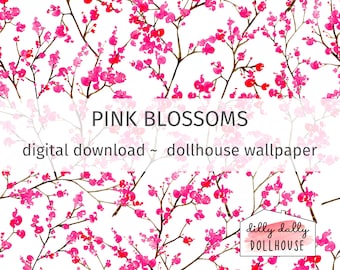 Dollhouse wallpaper PDF download printable, watercolor floral blosssoms miniature wallpaper