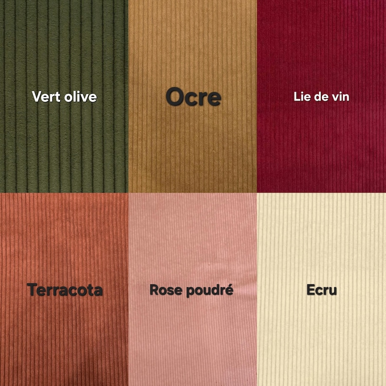 Puede incluir: Una colecci&oacute;n de seis muestras de tela en diferentes colores y texturas. Las muestras est&aacute;n dispuestas en una cuadr&iacute;cula. Los colores son: Vert olive, Ocre, Lie de vin, Terracota, Rose poudr&eacute; y Ecru.