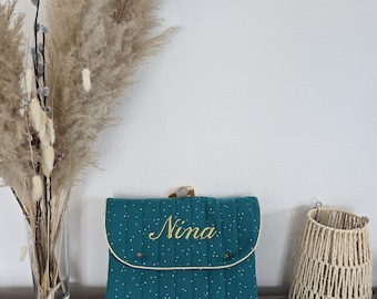 tapis à langer nomade personnalisé en double gaze de coton à pois dorés