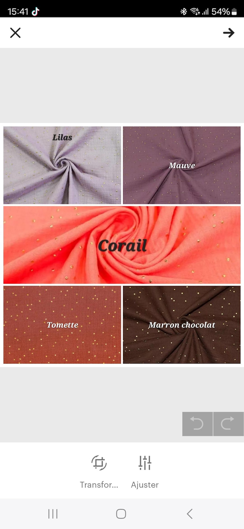 Peut inclure: Quatre &eacute;chantillons de tissu avec des points de paillettes dor&eacute;s. Les &eacute;chantillons sont de couleur lilas, mauve, corail et marron. Le tissu est doux et vaporeux.