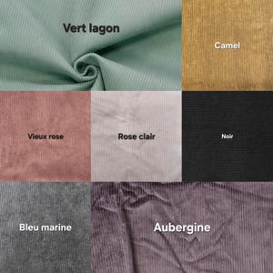 Puede incluir: Una colecci&oacute;n de muestras de tela de pana en varios colores, incluyendo vert lagoon, camel, vieux rose, rose clair, noir, bleu marine y aubergine.