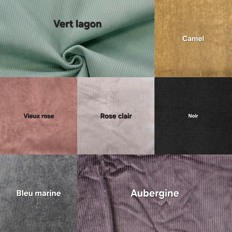 Puede incluir: Una colecci&oacute;n de muestras de tela de pana en varios colores, incluyendo vert lagoon, camel, vieux rose, rose clair, noir, bleu marine y aubergine.