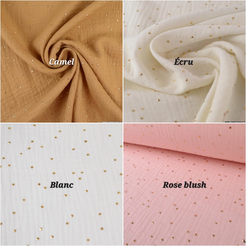 Peut inclure: Quatre &eacute;chantillons de tissu avec des points de paillettes dor&eacute;s. Les &eacute;chantillons sont de couleur camel, &eacute;cru, blanc et rose blush.