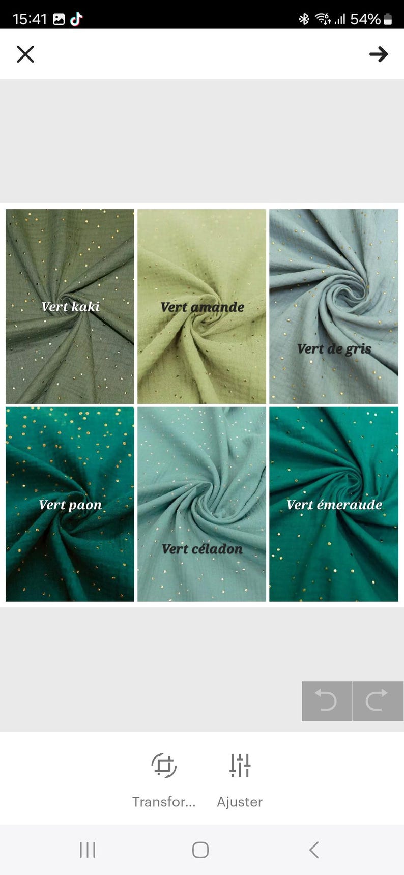 Peut inclure: Six &eacute;chantillons de tissu dans diff&eacute;rentes nuances de vert avec des points de paillettes dor&eacute;es. Les &eacute;chantillons sont &eacute;tiquet&eacute;s "Vert kaki", "Vert amande", "Vert de gris", "Vert paon", "Vert c&eacute;ladon" et "Vert &eacute;meraude".